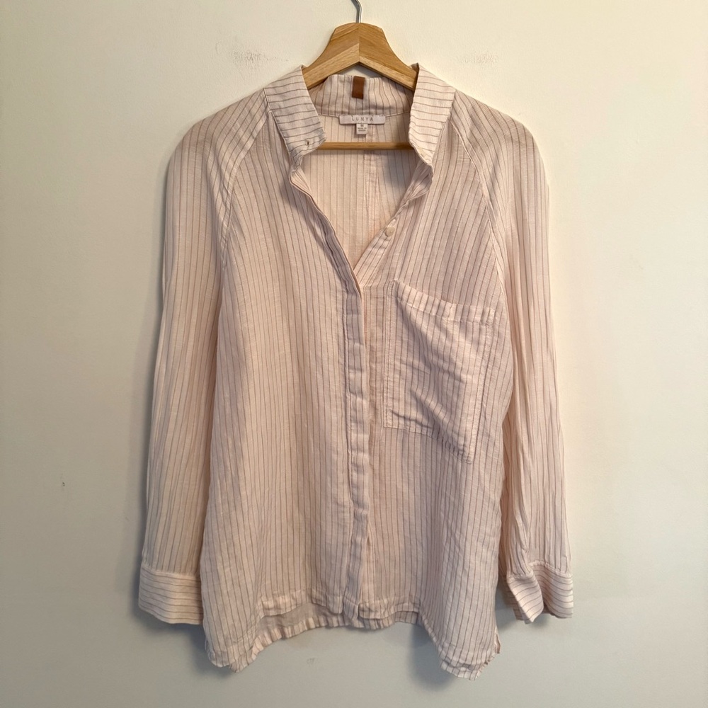 Lunya Silk Linen White Pink Striped Button Up Shirt Pajama Top PJs Medium